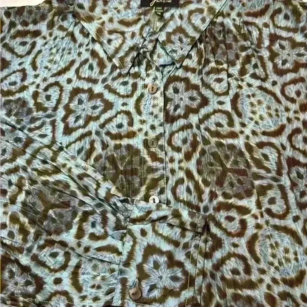 Lynn Ritchie Vintage 100% Silk Long Shirt - Brown + Blue - Women’s Size Medium - Picture 14 of 15
